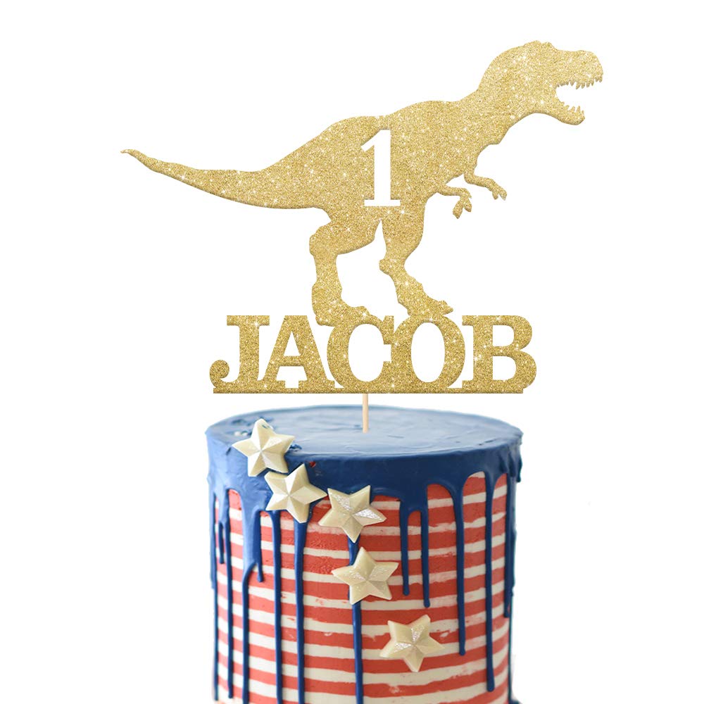 EDSG Personalised Dinosaur Cake Topper for Boy | Multicolour Glitter Dragon Topper for 1st, 3rd, 5th, 7th, 9th, 13th Birthdays (Champagne Gold)