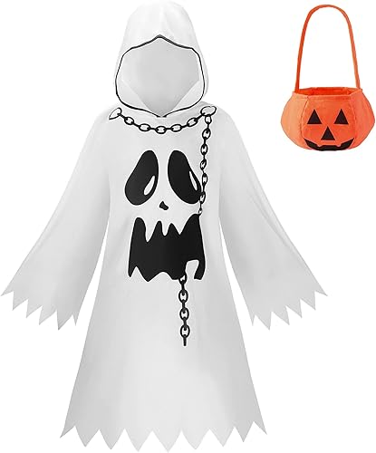 ReliBeauty Disfraz de fantasma para niños con bolsa de calabaza, disfraz de Halloween, color blanco