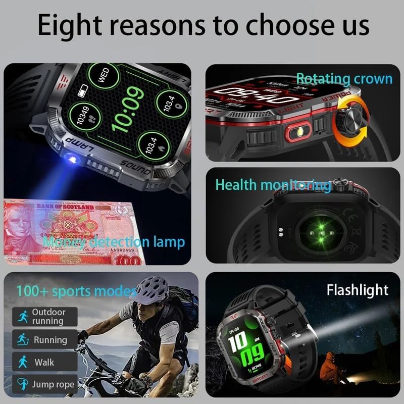 Overview of XINDADA HT29 Smartwatch features including flashlight, rotating crown, health monitoring, money detection lamp, and sports modes.