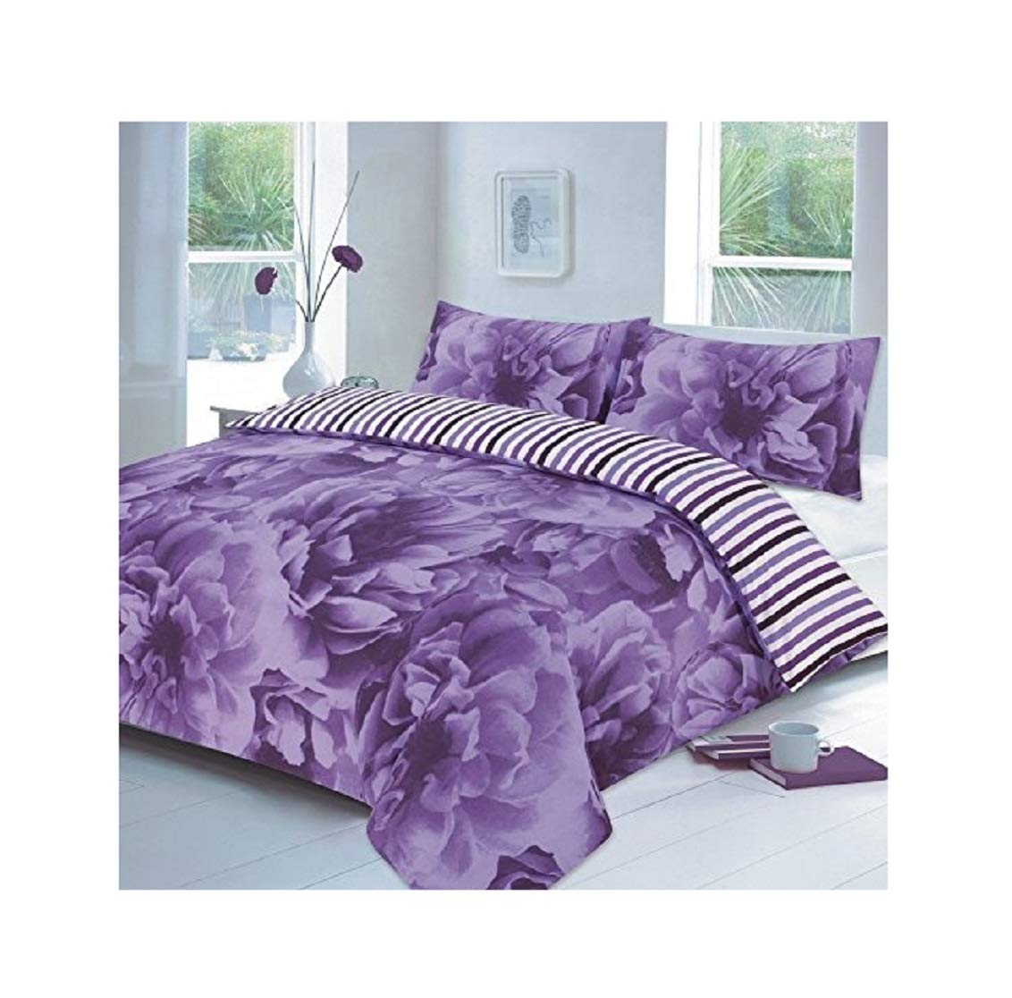 Excellent Hotel Quality Super King Size Floral Rose Lilac Duvet Cover Set Bedding Set with pillowcases - Super King Size
