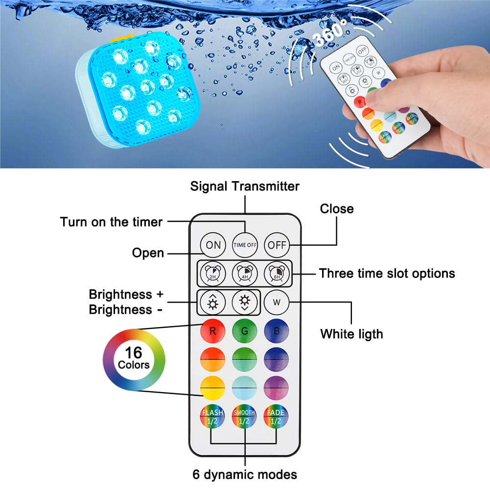 Vicloon Luci LED per Piscina, 2 Pezzi Ricaricabile LED Sommergibili Luci con Telecomando, 6 Modalità 16 Colori RGB, IP68 Impermeabili, per Vasca Idromassaggio Festa SPA Laghetto