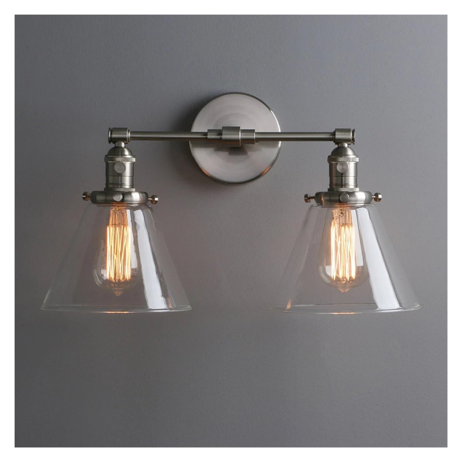 CWCQGH Wall Sconces, Double Sconce Light Industrial Wall Light with Dual 7.3 Inch Cone Clear-Glass Lampshade,C