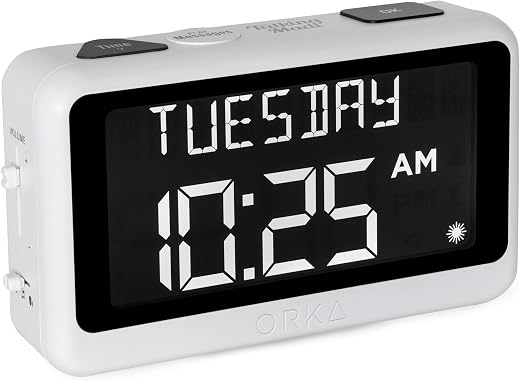 ORKA Talking Clock. Voice Recordable Ex Large Medication Pill Reminder. Talking Alarm Clock for Dementia ORKA Talking Clock. Voice Recordable Ex Large Medication Pill Reminder. Talking Alarm Clock for Dementia, Hearing, Visually impaired Seniors-Digital Day Clock with Multiple Customized Alarms White