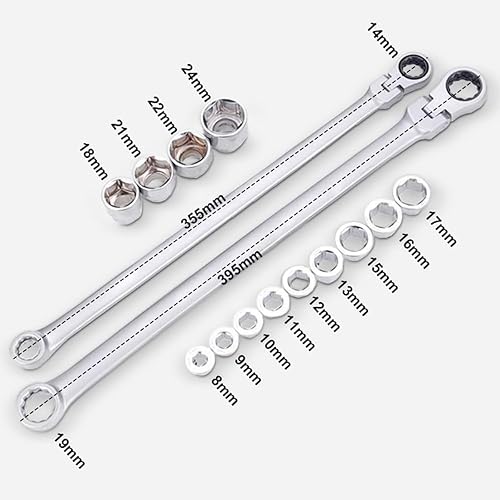 Miniatura 6 de Juego de llaves de trinquete ajustables, juego de 15 piezas, acero al cromo vanadio, ajustable en 180 grados, grado industrial
