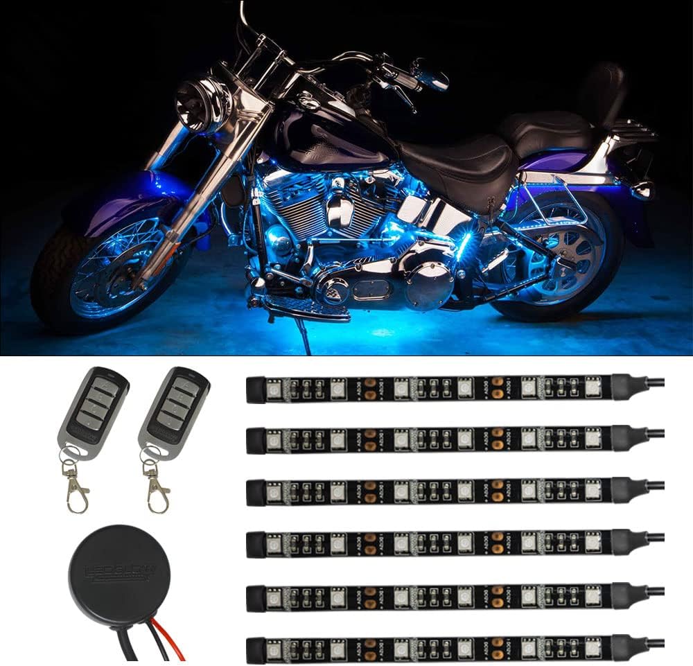 LEDGlow 6pc Advanced Ice Blue LED Motorcycle Accent Neon Underglow Lighting Kit - 4 Patterns - 4 Brightness Levels - 6" Flexible Light Strips - Includes Waterproof Control Box & 2 Wireless Remotes