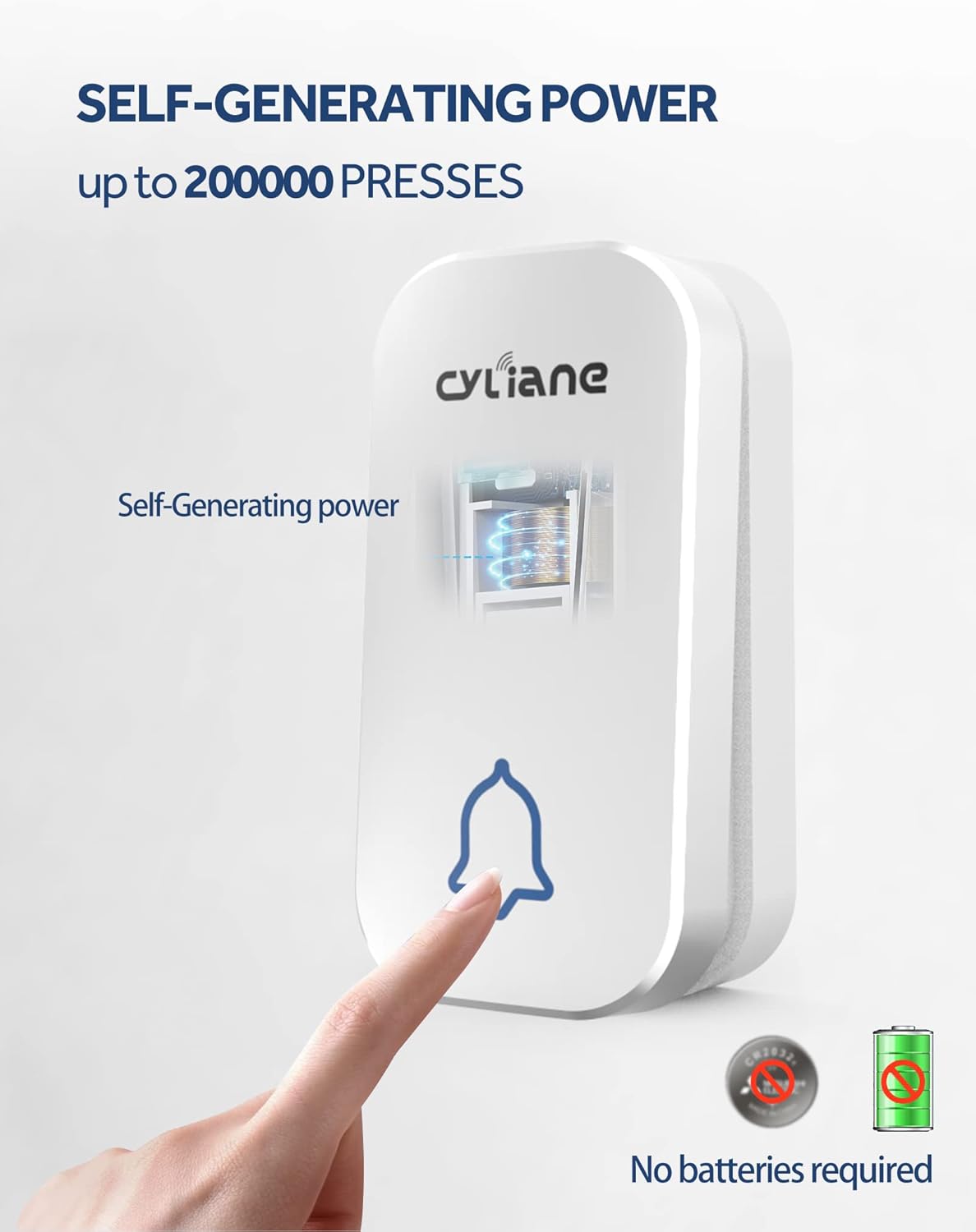 Wireless Doorbell,CyLiane Self-Powered Doorbell Chimes Kit,No Battery Required Push Button,Plug-Through Cordless Door Chime,Up to 1300ft Range with 58 Chimes,4-Level Volume & LED Light (White) - - 