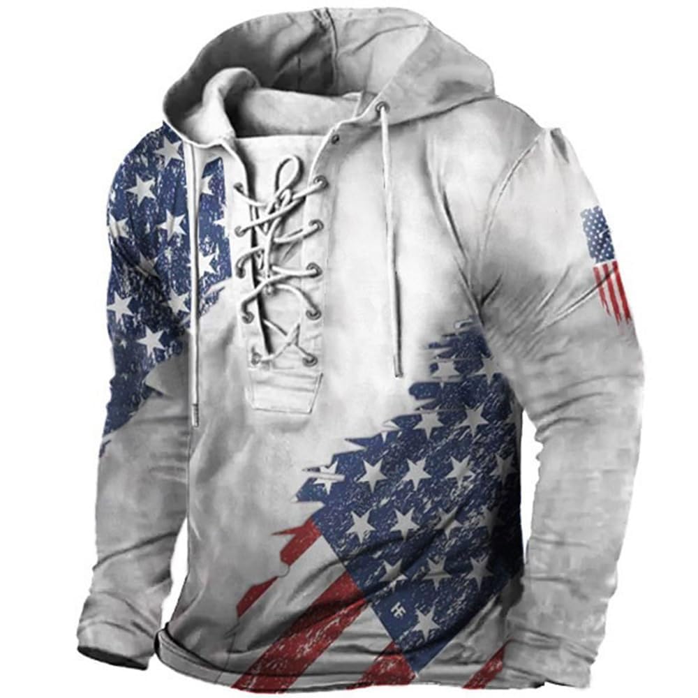 Bengbobar Men's Military Tactical Hoodies Retro Distressed American Flag Print TieUp Pullover Trainning Camping Sweatshirt