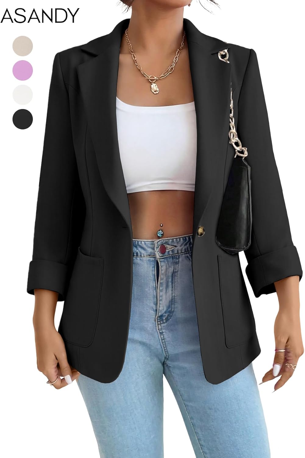 Women Blazer Suit Jacket Notched Collar Casual Work Office Blazers - Image 2