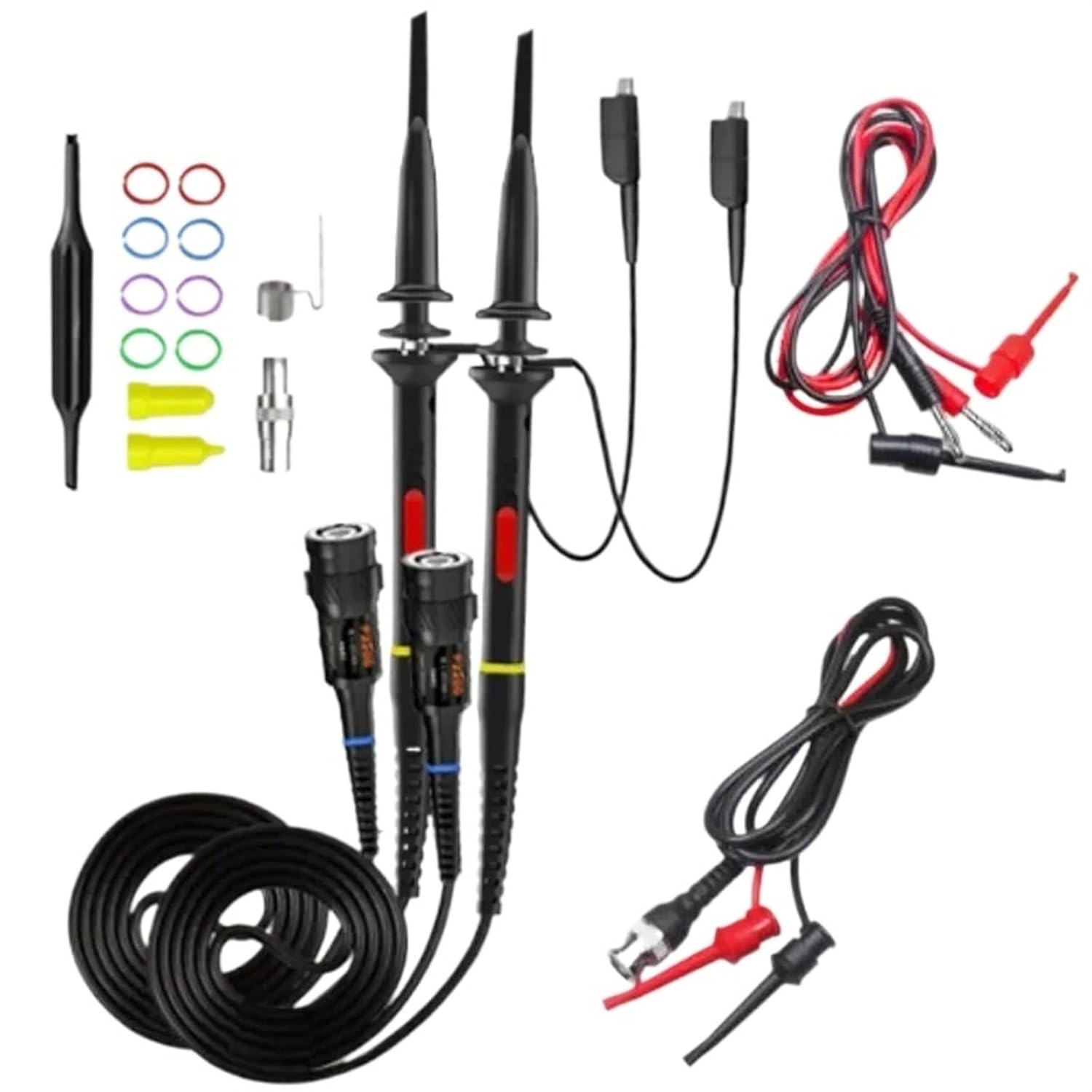 P2200D Oscilloscope Probes 200MHz Insulated + Test Hooks to 4mm Banana Plug Wire Mini Grabber to BNC Coaxial Cables Set