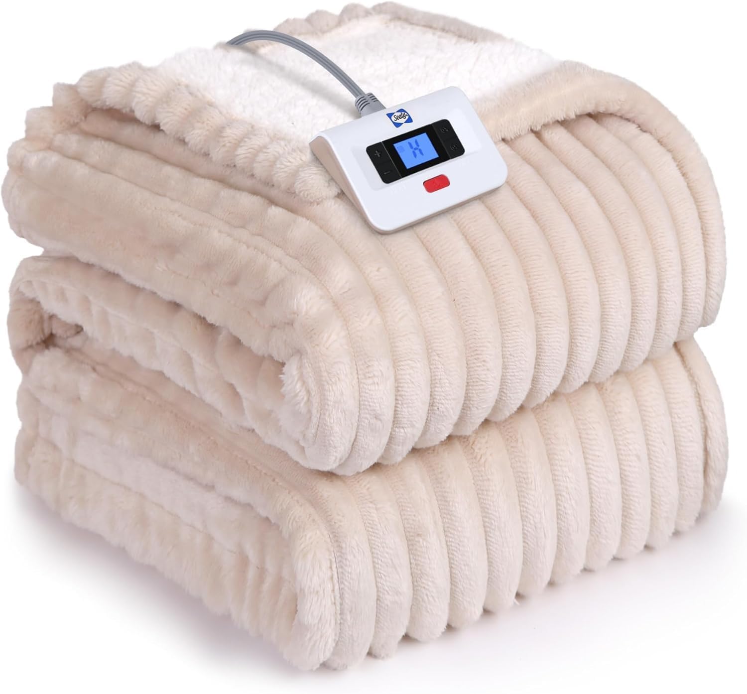 Sealy Electric Blanket Twin Size, Soft Ribbed Flannel to Sherpa Reversible Heated Blanket with 10 Heat Settings & 1 to 12 Hours Auto-Off Overheat Protection Machine Washable, 62"x84" Beige