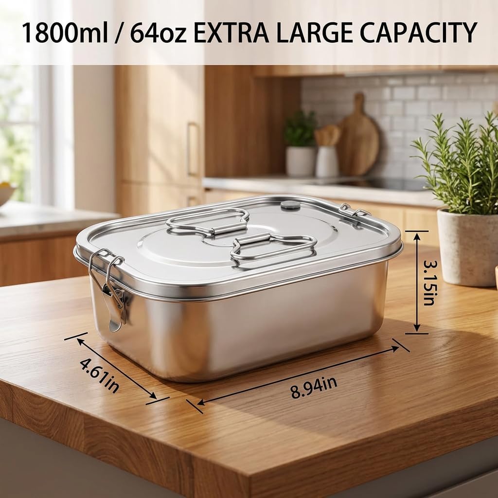 304 Stainless Steel Bento Box - Leakproof 3-Compartment 1800ml (64oz) Lunch Box with Airtight Lid, Utensil Set for Work, Picnic, Home