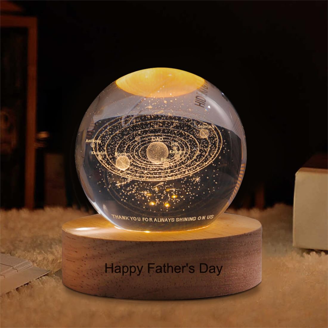 Ozinna Personalized 3D Carved Solar System Crystal Ball Lamp, Custom Names K9 Crystal Ball Night Light with Wooden Base, Fathers Day Memorial Birthday Gifts for Dad Husband from Wife Son Daughter