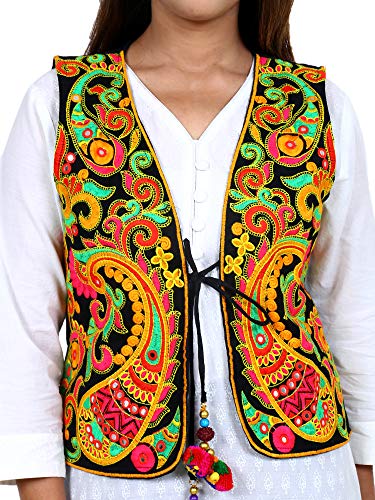 Image of Craft Trade Women's Cotton Embroidered Kutchi Jacket with Tassels Sleeveless Mirror Work