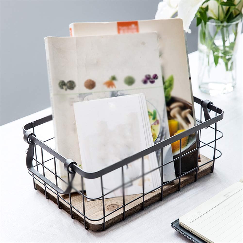 Stylish Sturdy Stainless Steel Wire Storage Basket with Wooden Base and 2 Handles Versatile Kitchen Food Baskets Use to Store Snacks Cereals Canned