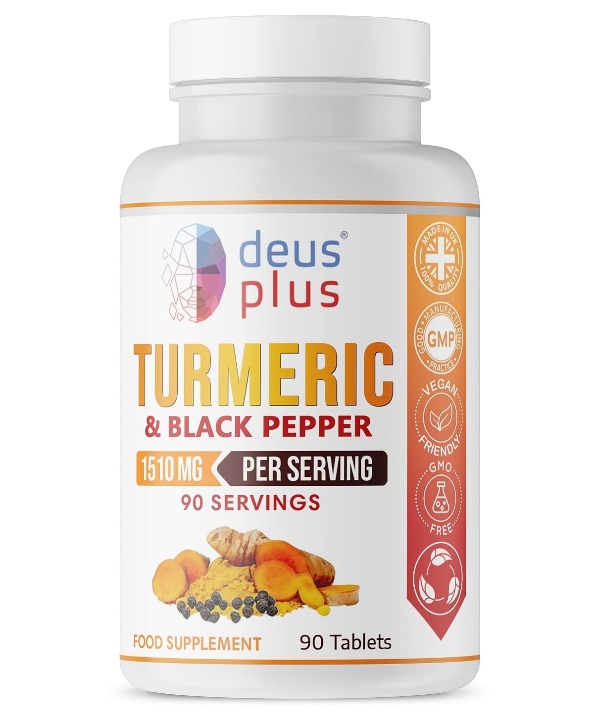 Turmeric & Black Pepper High Strength Veg Tablets - 1510mg of Herbal Active Ingredients Curcumin and Piperine - 90 Servings - UK Made