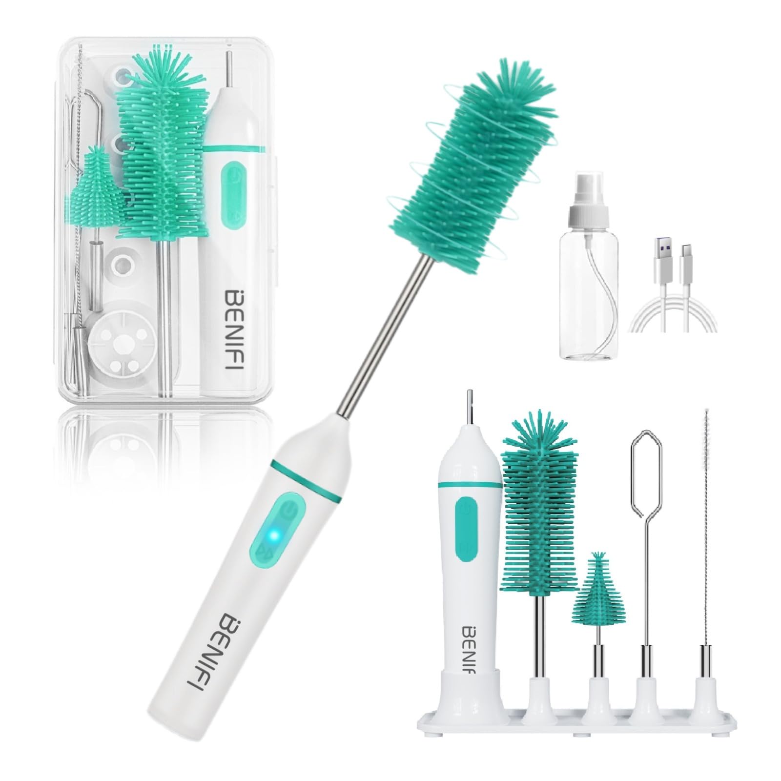 Travelling Electric Bottle Brush Cleaner, Baby Bottle Brush Set, Fully Water -Proof Bottle Brush, Long Handle Brush, BPA Free Silicon Brush Heads,