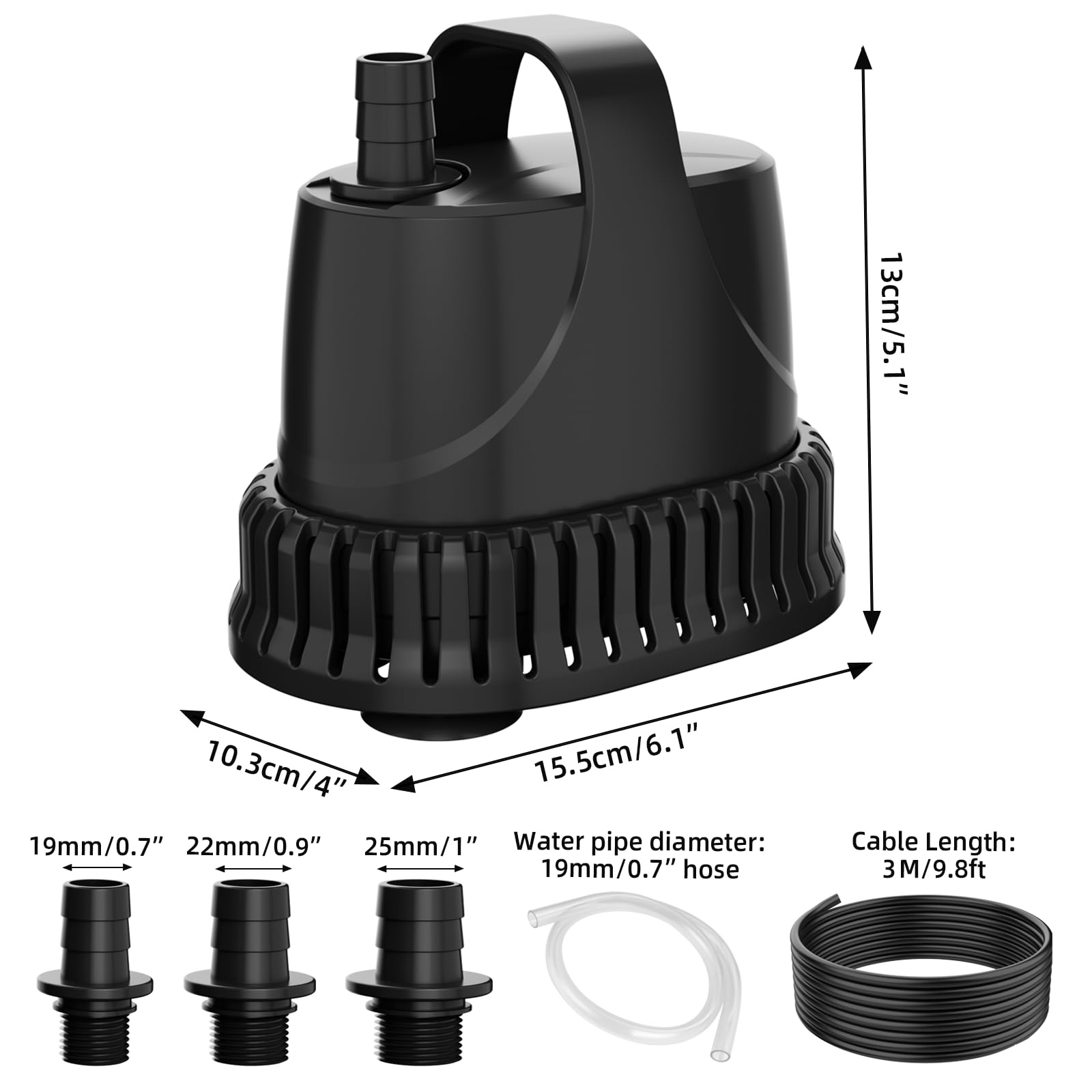 SMOOL Bomba de Agua Sumergible 3000L/H 40W, Silenciosa, Cable 3m para Acuario/Fuente/Estanque, Incluye 3 Ventosas y 3 Boquillas (19/22/25mm) (40, Vatios)