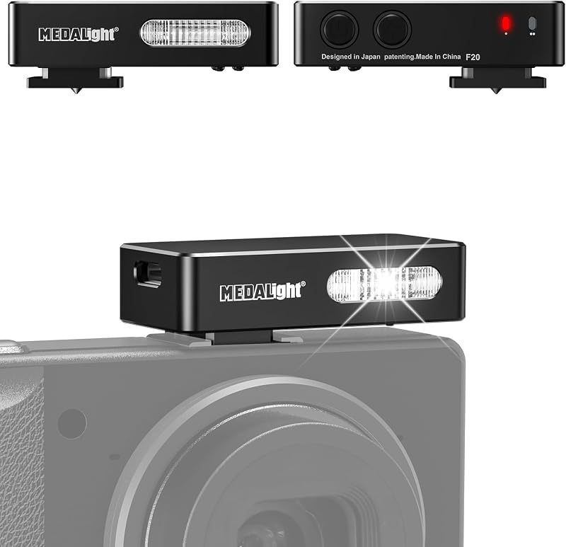 MEDALight F20 Mini Camera Flash for GR IV,Aluminum Hot Shoe Speedlite Compatible for RICOH GR IV/GR 3/GR 3X,6200K,2 Power Levels Portable Manual Flash(Black).