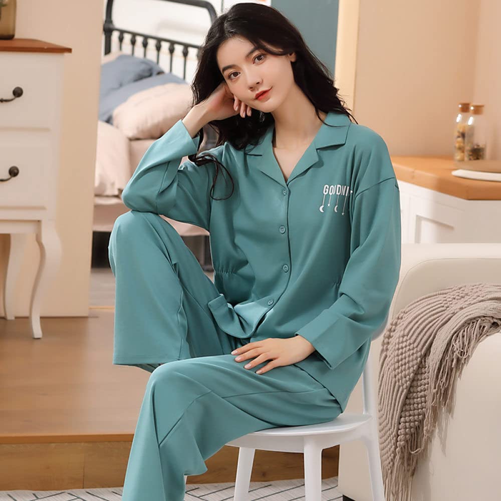 Pijama Mujer,Conjuntos De Pijama para Mujer Letras De Solapa De Algodón Verde, Estrellas Y Estampado De Luna, Suelto, Informal, Acogedor, Cálido, Manga Larga, Pjs Top & Amp; Conjunto De Pantalones