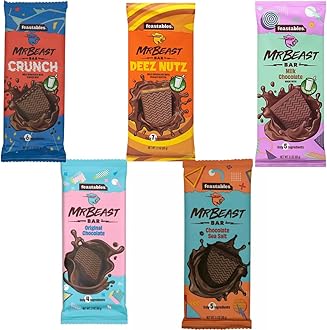 Feastables Mr Beast Chocolate Bars – NEW Deez Nuts Peanut Butter Crunch Chocolate, Milk Chocolate, Original Chocolate, Milk Chocolate, Sea Salt Chocolate Bars (5 Pack)