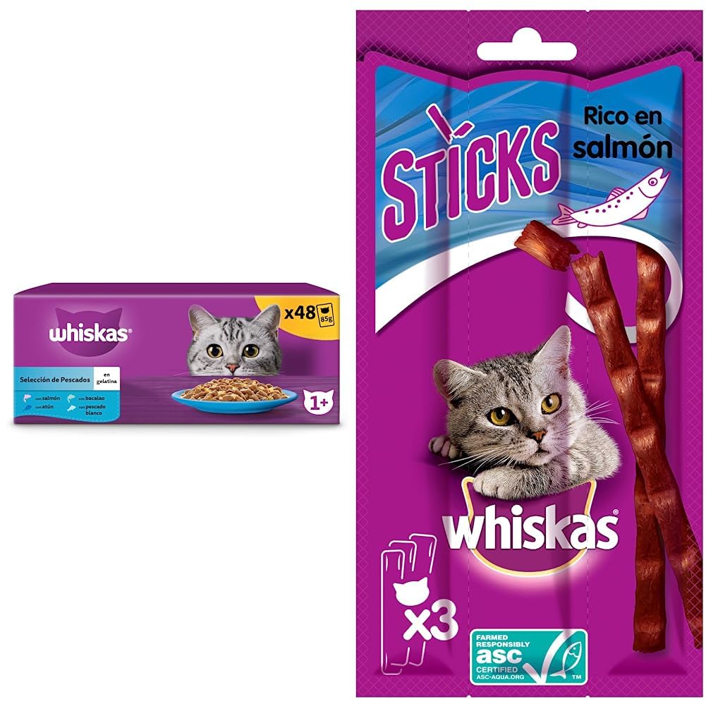 whiskas Set de Comida Húmeda para Gatos y Snacks, Comida Húmeda Selección Pescados Multipack 4x12x85g y Premios para Gatos en Forma de Sticks, Sabor Salmón Pack de 28 x 18g