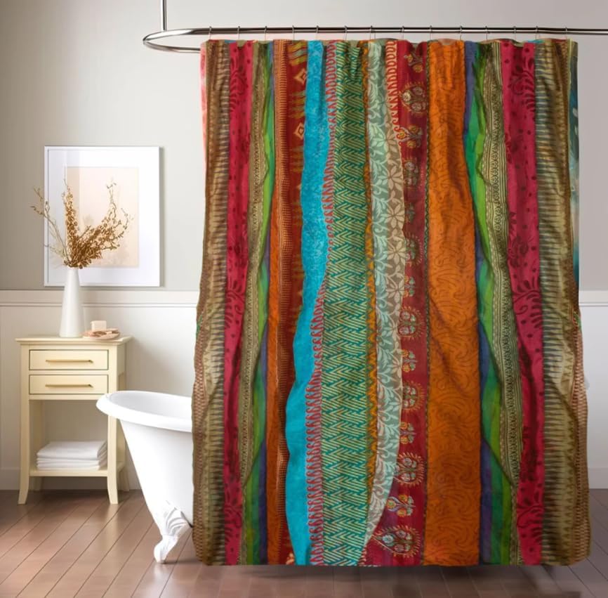 Darn God Yarn Sari Silk Shower Curtain, Recycled Material, Unique Patterns, Reinforced Grommets, Double Stitched Top