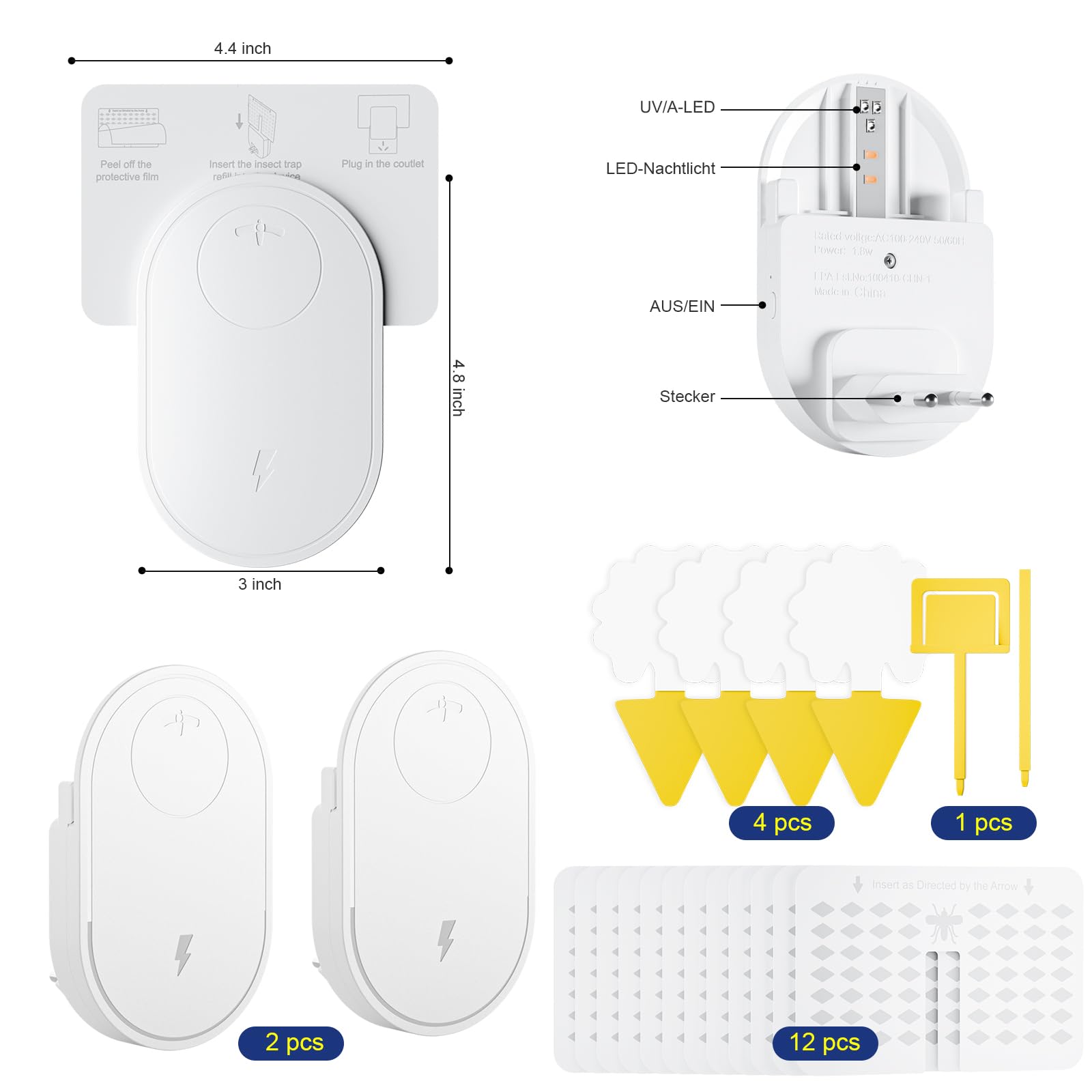 2 Fliegenfalle Innenbereich,Steckdose Fruchtfliegenfalle,Fruchtfliegenfallen für den Innenbereich mit LED-Beleuchtung, geräuschlos,inklusive 12 Klebekarten und 4 Mini-Fruchtfliegenfallen