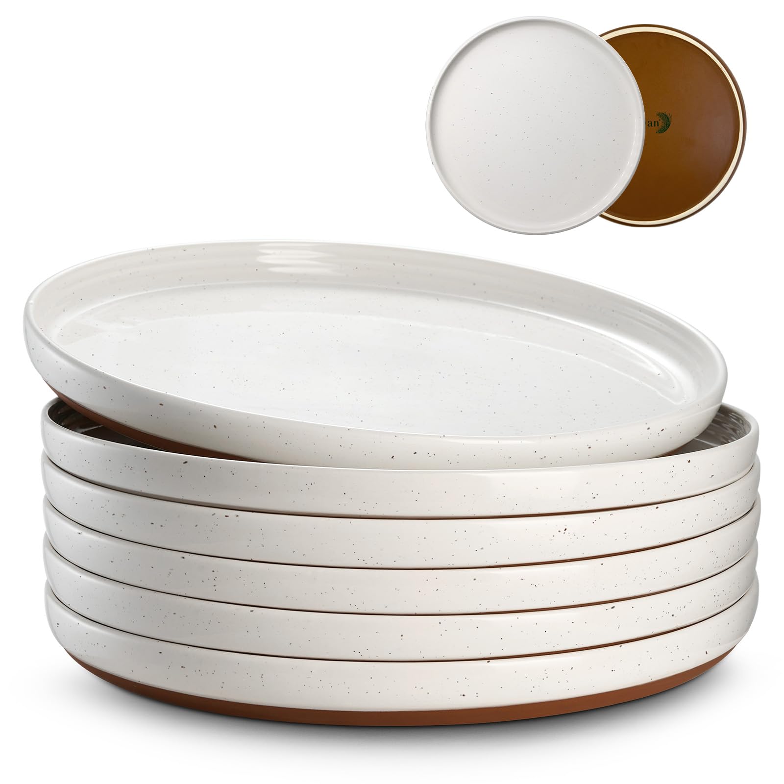 DOWAN Juego de Platos de Gres, 26cm para Servir, 6 Piezas de Porcelana, para Ensalada, Filete, Principal, Cena - Vainilla Blanca