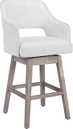 Vista 17 de Kmax Taburete de bar de tela con altura de mostrador, taburete giratorio de bar con patas de madera, reposapiés trasero abierto para isla de cocina