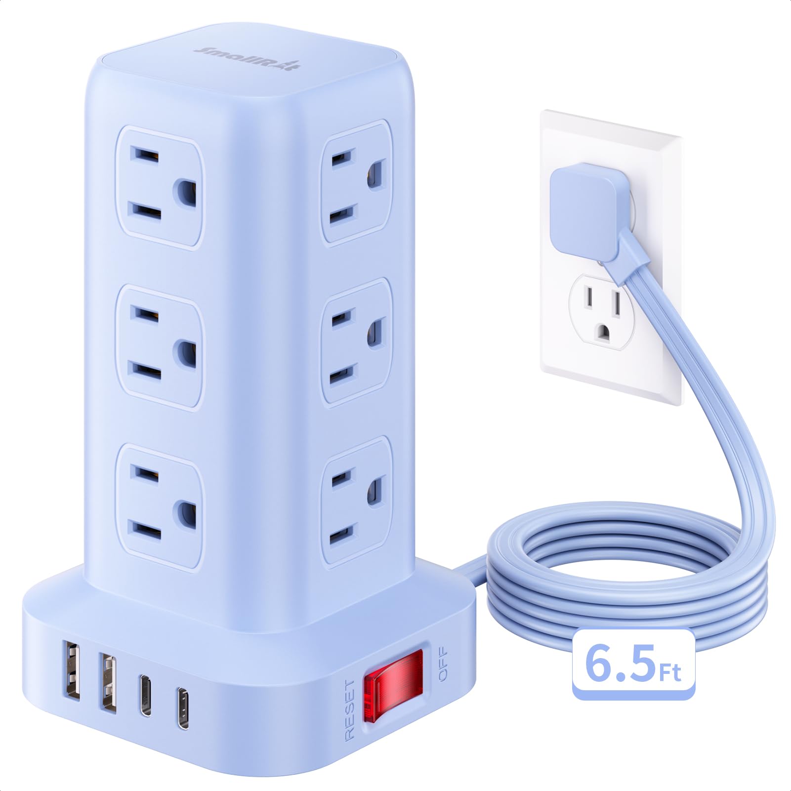 Extension Cord with Multiple Outlets, SMALLRT Power Strip Tower, Outlet Extender with 12 AC Outlets 4 USB, 6.5FT Extension Cord for Home Dorm Room, Office Supplies, Blue