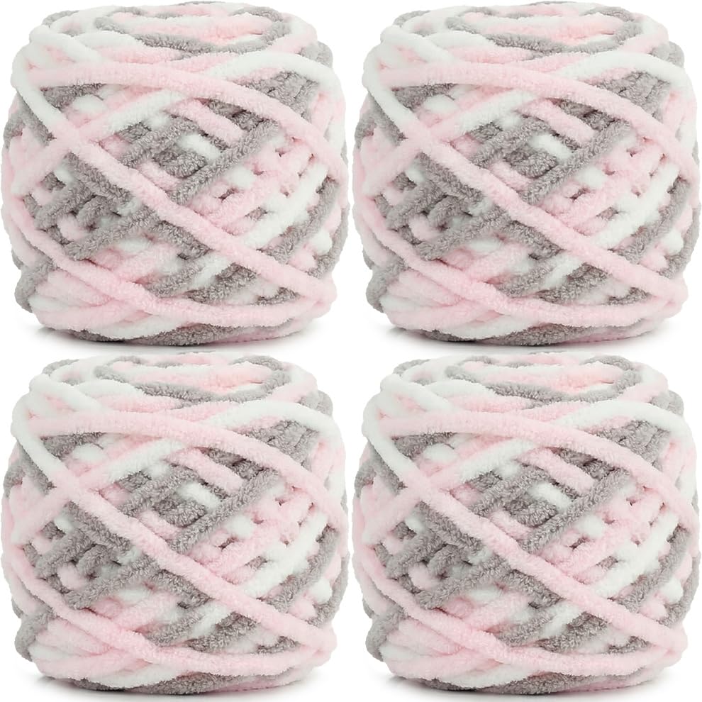 95gx4 Chunky Yarn for Crocheting & Knitting,7mm/0.27inches Thick Crochet Chenille Yarn,Fluffy Chunky Wool for Crochet Blanket,Doll,Bag,Hat,Pillow Cushion,Cat Bed (Light Pink Brown)