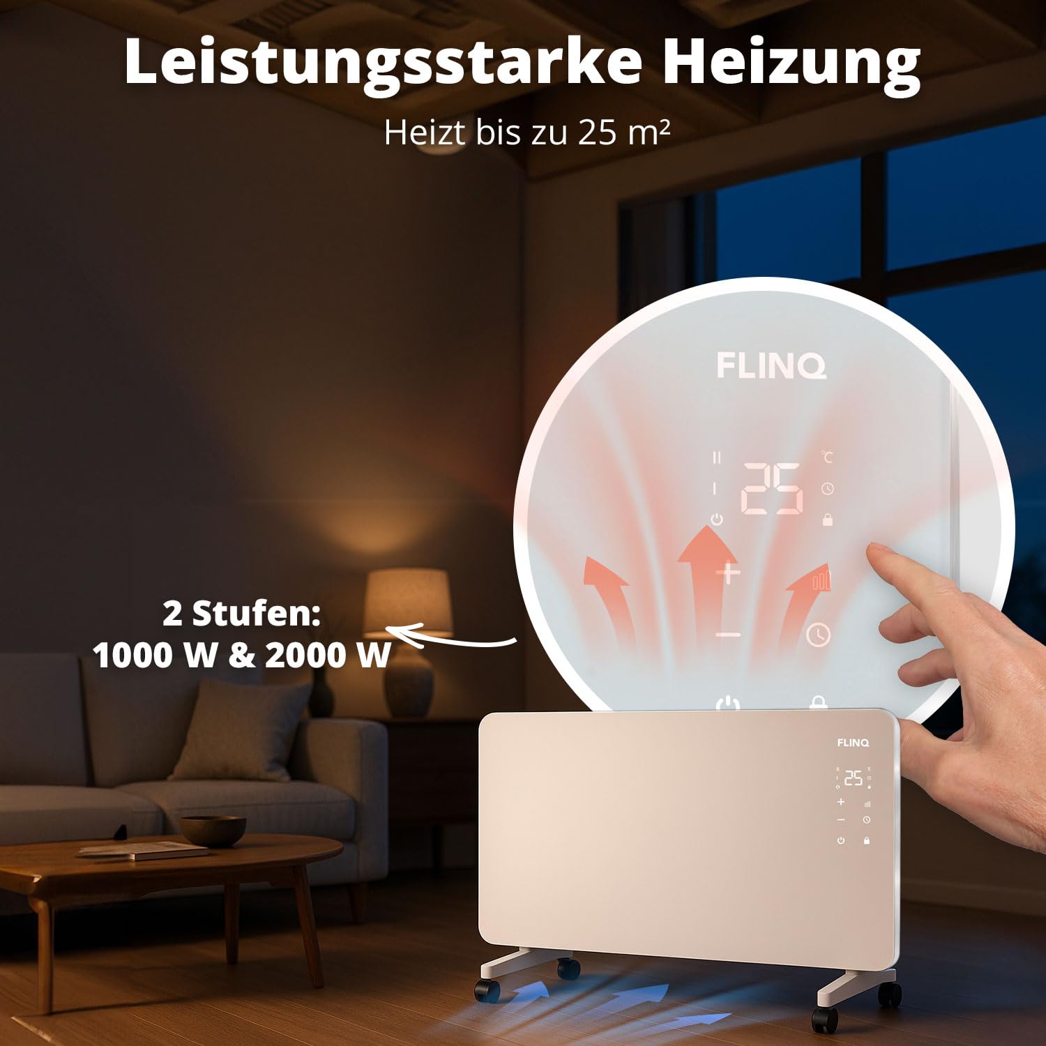 FlinQ Smart Konvektor Heizung 2000W - 96 x 46 x 13 cm - Weiß