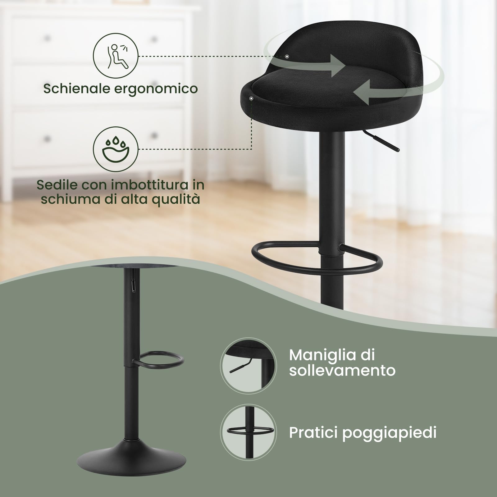 EUGAD Sgabelli da Cucina in Velluto con Poggiapiedi Sgabelli da Bar Moderni per Bancone Penisola Sedie Alte Girevoli Altezza Seduta Regolabile 62-84cm, Nero 2 Pezzi 0824BY-2