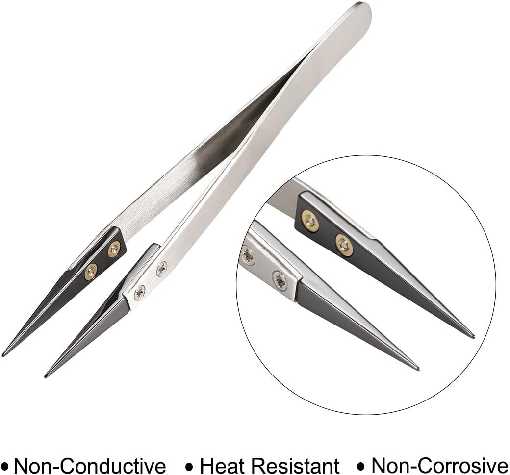 sourcing map Precision Ceramic Tweezers Non-Conductive Heat Resistant Anti-Static Straight Pointed Tweezer Silver Tone Black for Pinching Coils 4 Pack - Image 4