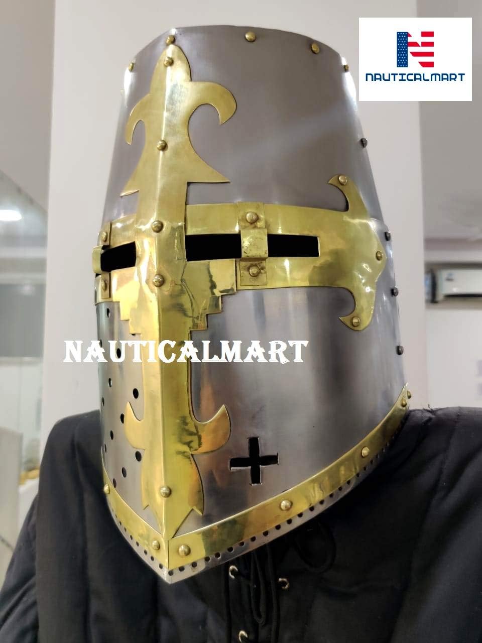 Medieval Templar Armor Helmet | Brass Crusader Helmet | Greek Roman Spartan Armour | Wearable for Adult Costumes