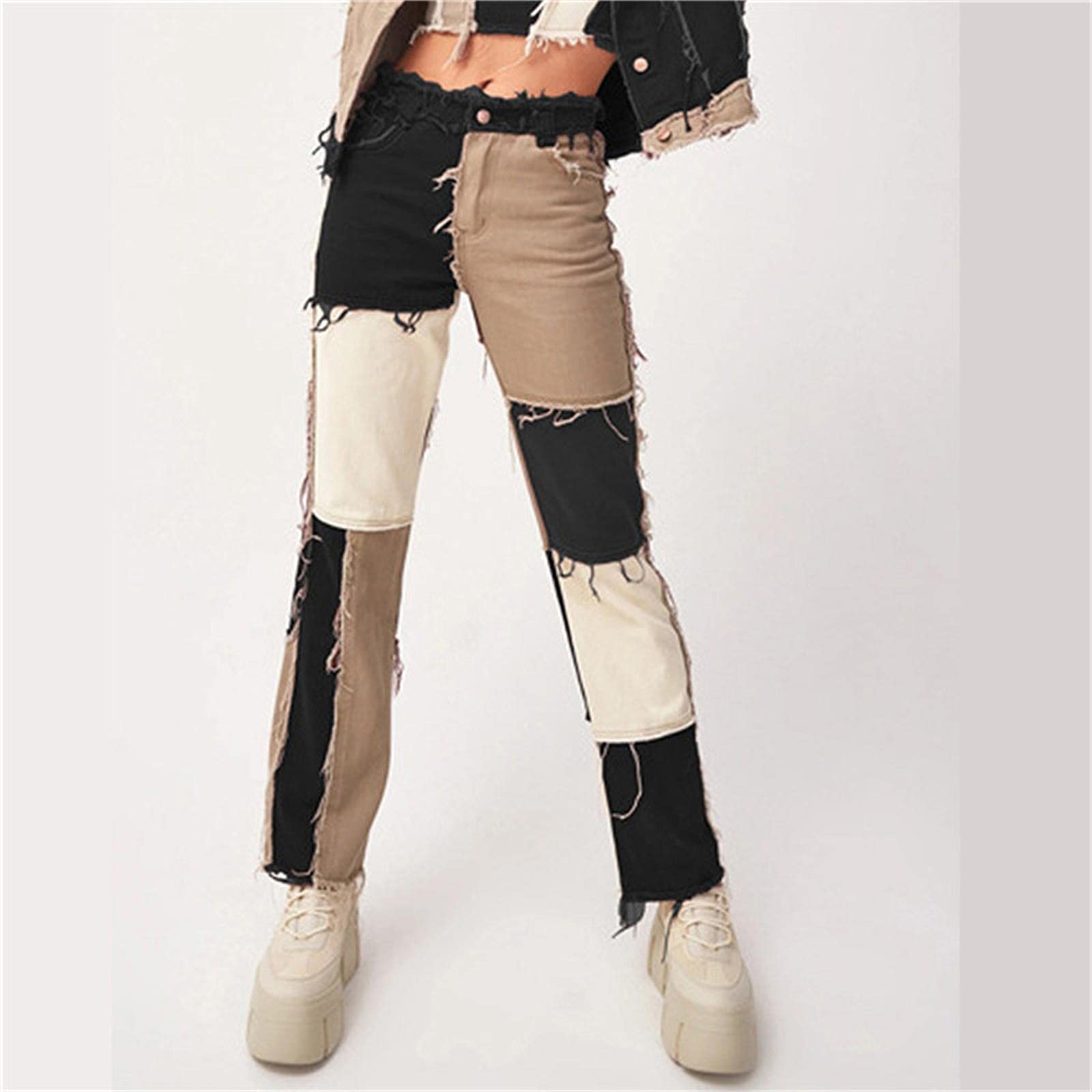 UKKO Jeans da Donna Pantaloni Ad Alto Ficcia A Vita Alta Femmina con Jeans Diritti Marrone-Blue Jeans,L