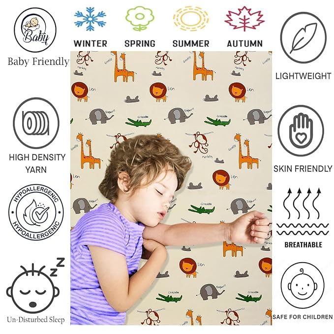 Image of RD FABS Glace Cotton Wrinkle Free Soft Hypoallergenic Bed Sheet with 2 Pillow Cover,Cartoon Printed,Double Bed King Size Bedsheet for Kids Room Boys Girls(90x95 Inches /Cream /Animal),144 TC