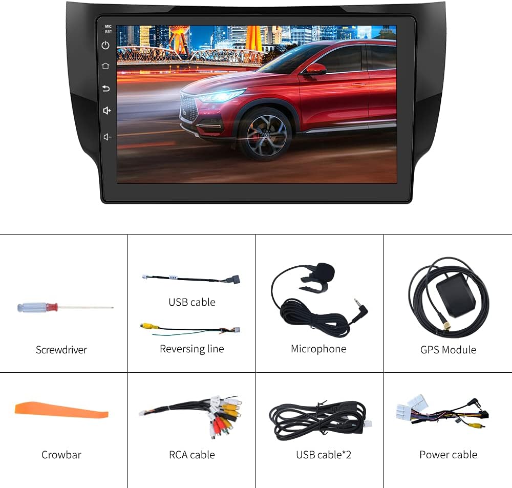 All included components of the AWESAFE Car Stereo Radio kit, laid out on a white background.