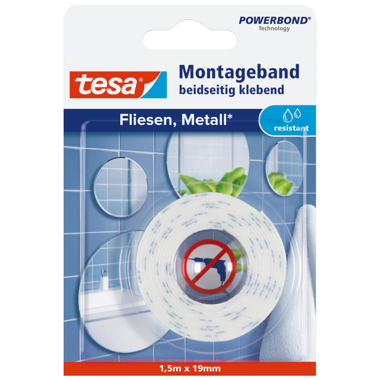tesa Powerbond Montageband für Fliesen & Metall, feuchtraumbeständig, mit bis zu 10 kg Haltekraft pro Meter - doppelseitiges Montageklebeband für glatte Oberflächen - 1,5 m x 19 mm