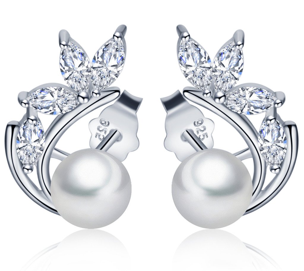 Unendlich UInfinito U- Pendientes Plata 925 Forma de Hoja Brillante con 6 mm Perla Studs para Mujeres Niñas