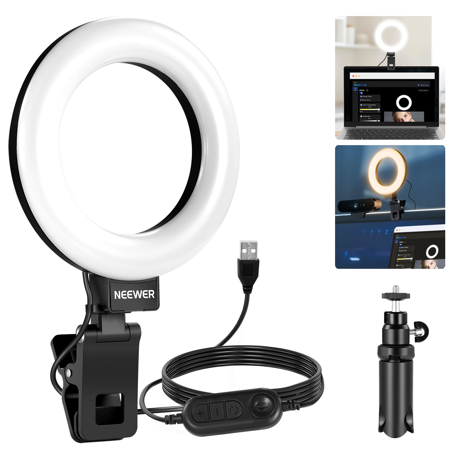 NEEWER BASICS BR60S 5" Ring Light per Videoconferenze, Controllo App per PC | Luce ad anello con clip, supporto da scrivania per treppiede, illuminazione computer portatile, per zoom, chiamate, streaming