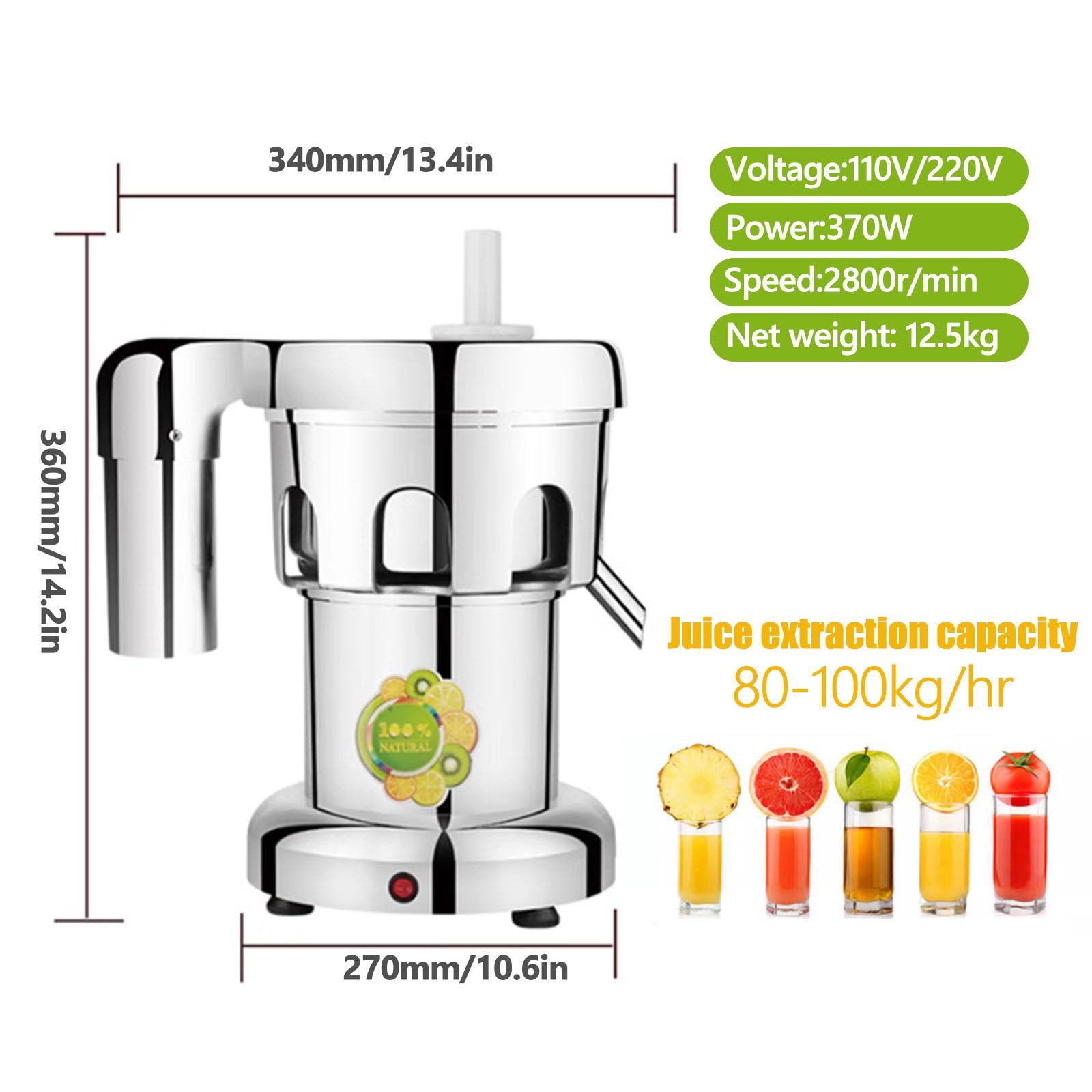 Exprimidor de cítricos, exprimidor de frutas y verduras, acero inoxidable de calidad alimentaria, exprimidor eléctrico de cítricos de 370 W, separación automática del orujo de zumo
