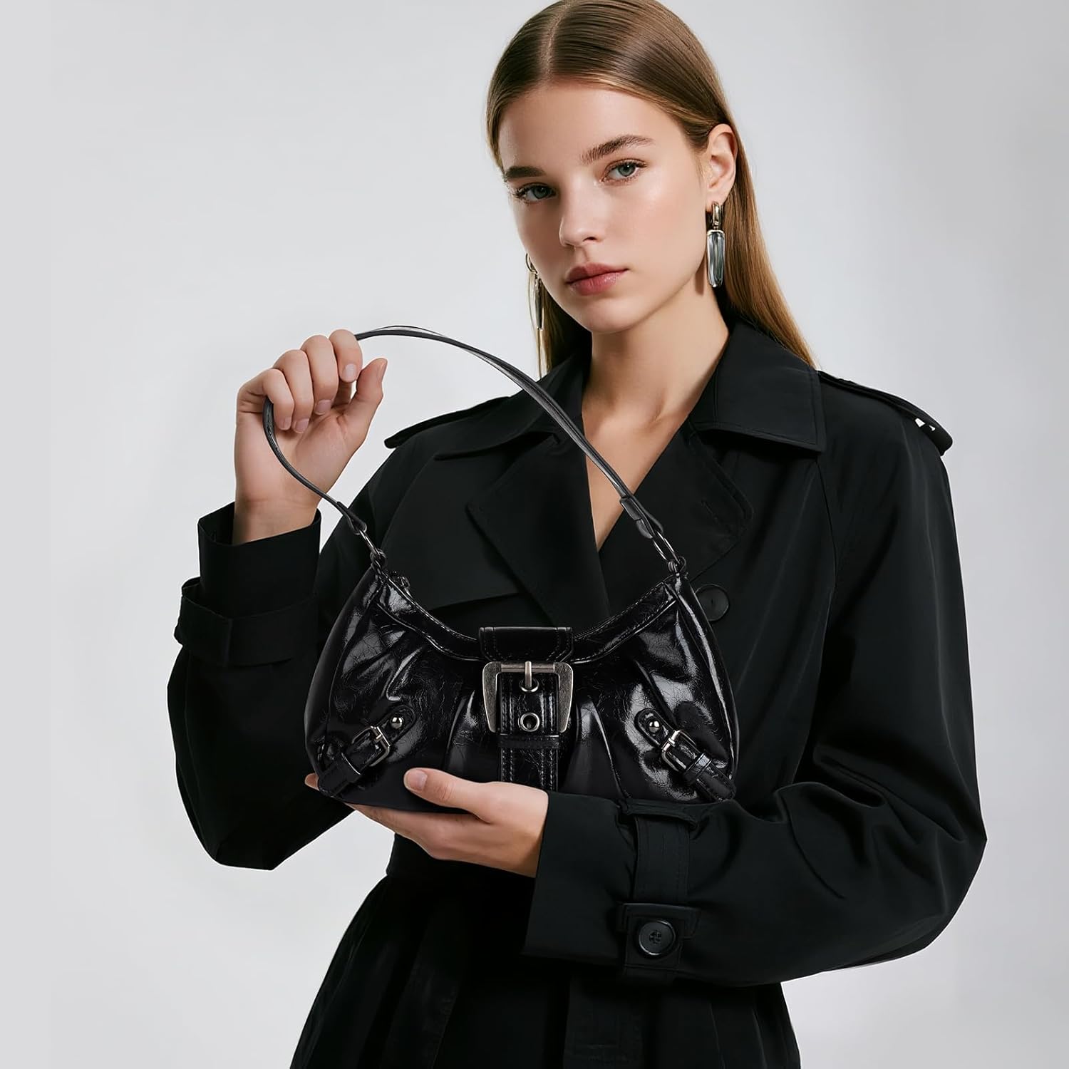 WantGor Women's Shoulder Bag, Clutch Tote Bags Top Handle Purse Zipper Handbag Buckle Punk Purses Trendy Underarm Bag - Image 2