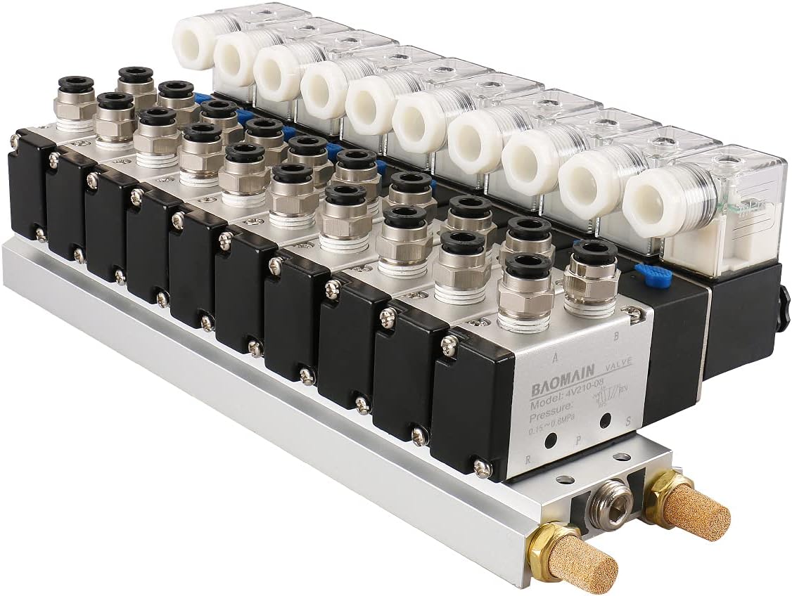 Baomain 10-Station Solenoid Valve Manifold 24V DC 5-Way Pneumatic