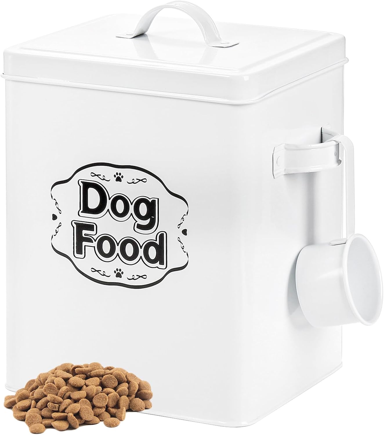 Youeon 5-7 Lbs(25 Cup) Metal Dog Food Storage Container with Lid and Scoop, Airtight Dog Treat Container, Farmhouse Pet Food Storage Container, Cute Dog Food Canister, Gift for Dogs and Owners, White