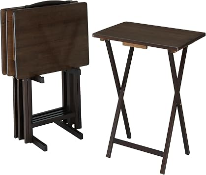 4-Piece Walnut Rubberwood Indoor Folding TV Tray Table Set with Storage Rack