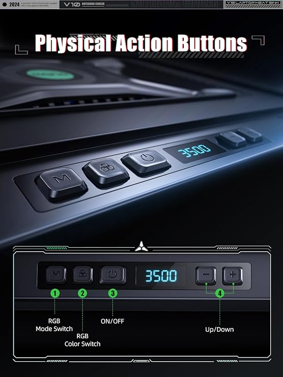 llano V10 الألعاب الكمبيوتر المحمول وسادة التبريد، RGB الكمبيوتر المحمول برودة الوقوف مع قوية 4.72 بوصة مروحة تبريد توربو الخارجية، كمبيوتر التبريد السريع 13-17.3 بوصة، زر التحكم، 3 موقف قابل للتعديل، 4-ميناء USB C & A