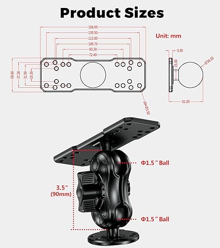 Miniatura 6 de VAZESWIN Soporte de buscador de peces de aleación de aluminio con placa rectangular de bola de 1.5 pulgadas y base redonda, brazo corto de 3.5