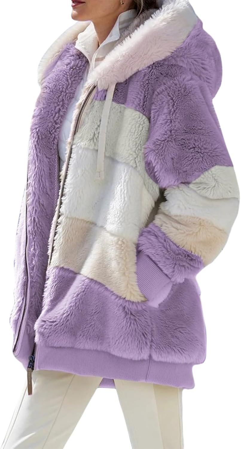 Zaswen Womens Sherpa Jacket Warm Soft Fuzzy Full Zip Plus Size Winter Coats with Hood Casual Outerwear Fluffy Fleece Jackets