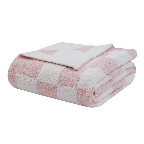 bearberry Fuzzy Checkerboard Grid Throw Blanket Soft Cozy Warm Microfiber Bed Blanket Decor for Couch Sofa Bed Travel Home (Pink, 60''x80'') - Pink - Twin(60″x80″)
